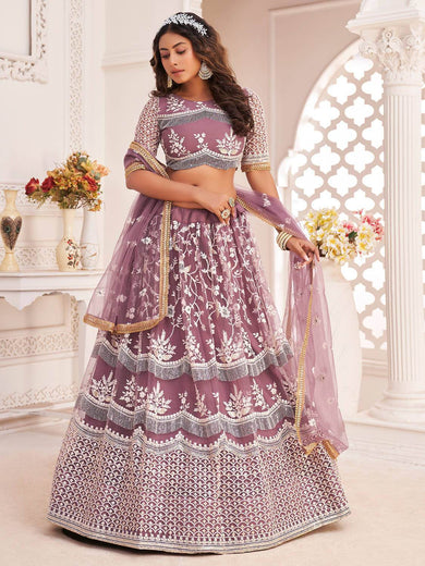 Fabulous Dark Onion Butterfly Net Cotton Thread Reception Wear Lehenga